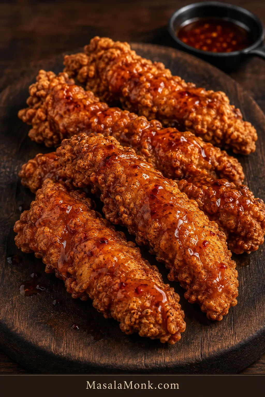 Deep-golden craggy fried chicken tenders with thin amber-red hot honey drizzled over the exposed crust.