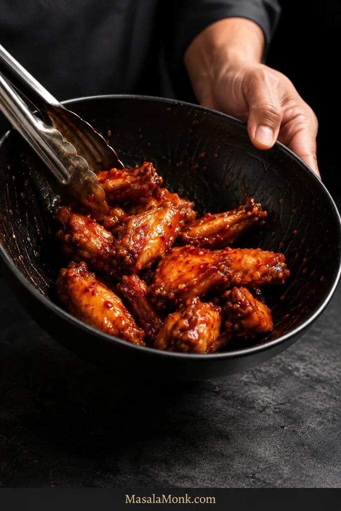 Crisp chicken wings being tossed in a dark bowl with a thin glossy hot honey coating and no visible pool of sauce at the bottom.
