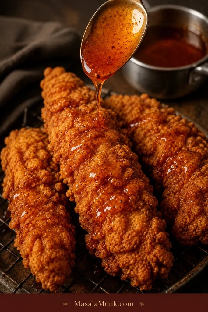 Pepper-flecked amber-red hot honey falling from a spoon in thin ribbons over craggy fried chicken tenders.