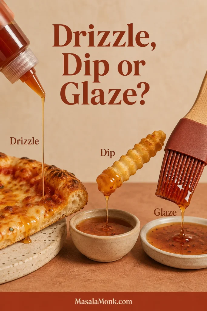 Three hot honey uses shown together: a thin drizzle over crust, a fry lifted from dipping sauce, and glaze coating a silicone brush.