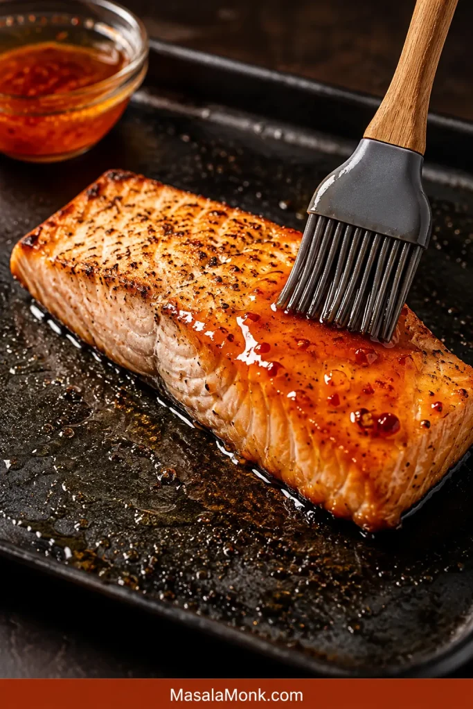 A silicone brush applying a thin glossy hot honey glaze to part of an already browned salmon fillet.