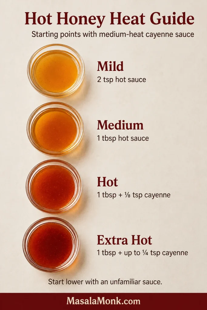 Four smooth hot honey samples labelled mild, medium, hot and extra hot with increasing amounts of hot sauce and ground cayenne.