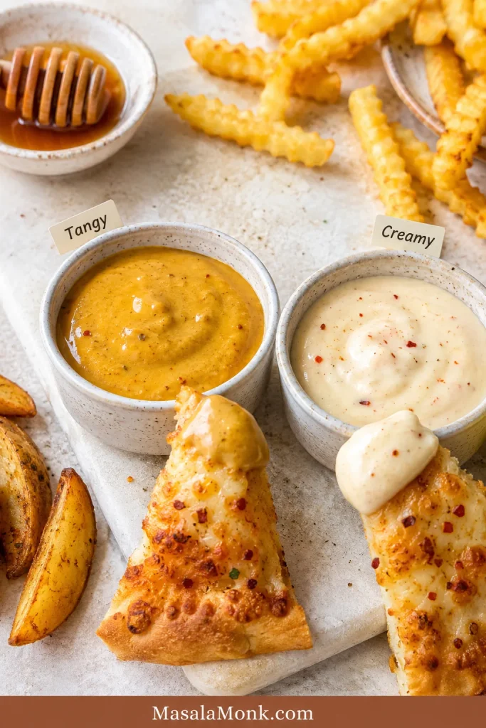 Two ramekins containing a golden hot honey mustard dip and a pale creamy hot honey dip served with crisp potato pieces.