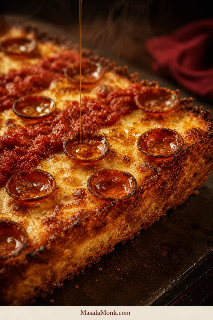 Hot honey being drizzled into crisp pepperoni cups on Detroit-style pizza with tomato sauce, blistered cheese, steam, and caramelized edges.