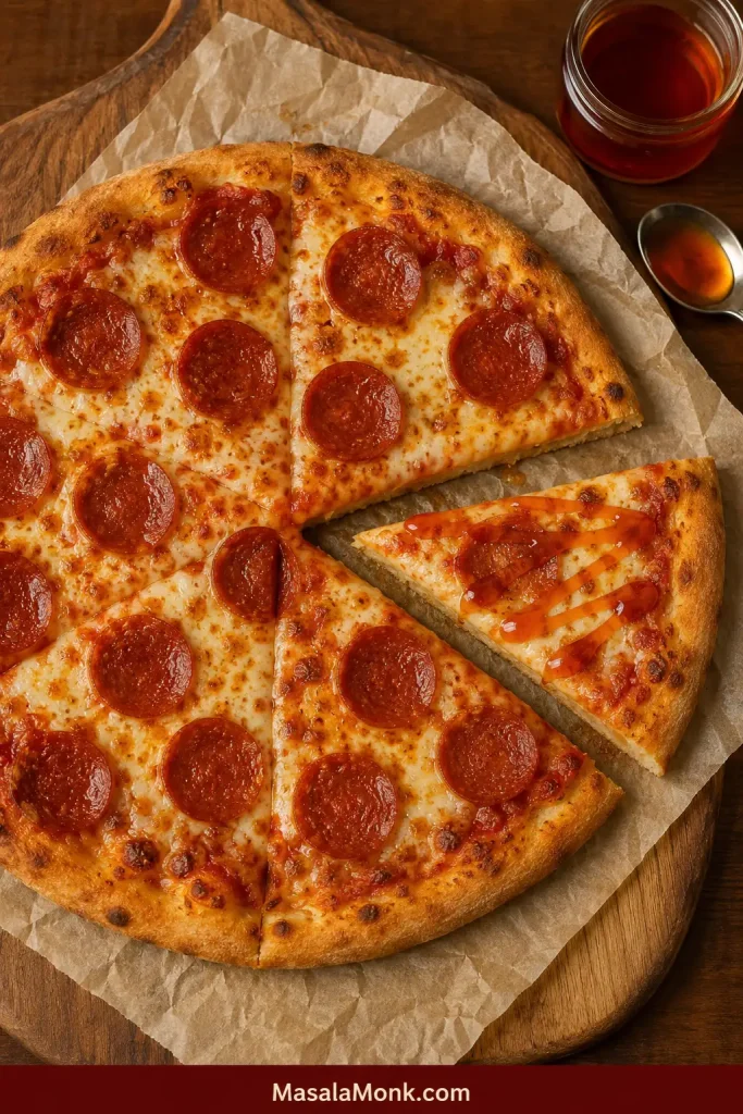 Overhead pepperoni pizza with one slice pulled slightly away and drizzled with hot honey while the rest of the pizza remains undrizzled.