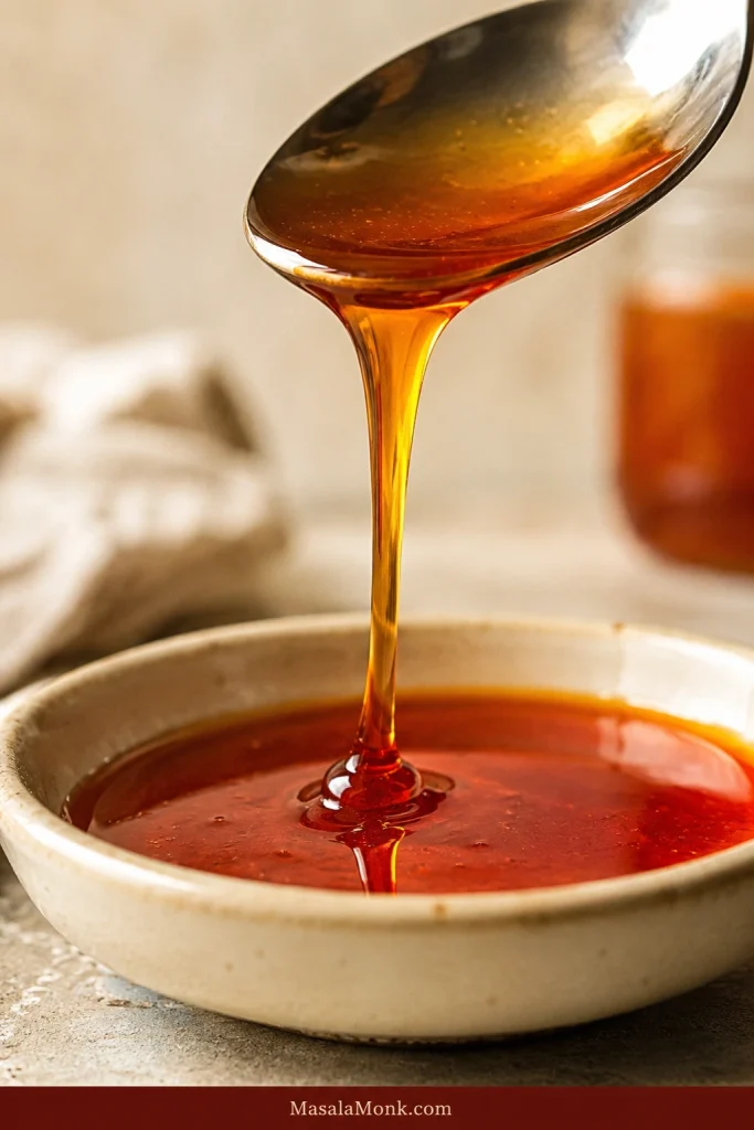 Glossy amber-red hot honey falling from a silver spoon in one smooth ribbon into a shallow cream-coloured dish.