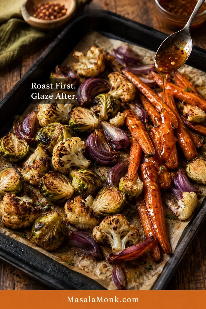 A spoon adding hot honey to deeply browned roasted carrots, Brussels sprouts, cauliflower and red onion after roasting.