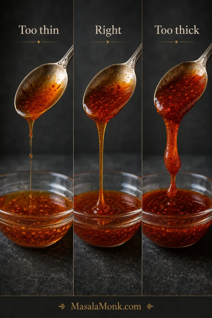 Three spoons of hot honey labeled Too thin, Right, and Too thick, showing progressively thicker dripping consistencies.
