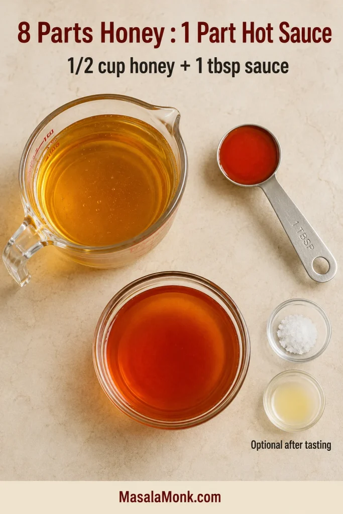 Overhead arrangement of half a cup of honey, one tablespoon of hot sauce and a bowl of finished hot honey illustrating an eight-to-one ratio.