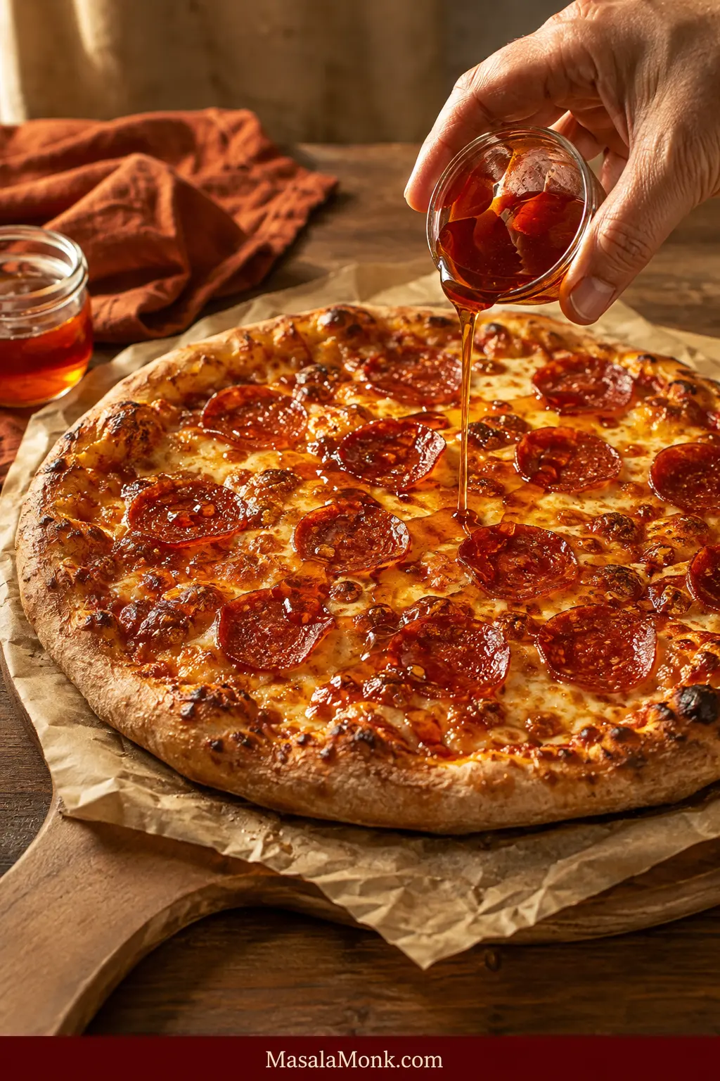 A thin stream of glossy amber-red hot honey being drizzled over a freshly baked pepperoni pizza with browned crust and melted cheese.