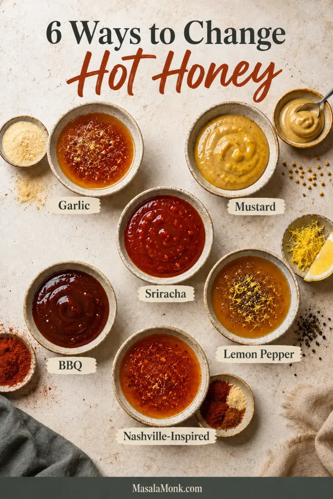 Six labelled hot honey variations made with garlic powder, mustard, Sriracha-style sauce, BBQ sauce, lemon pepper and Nashville-inspired spices.