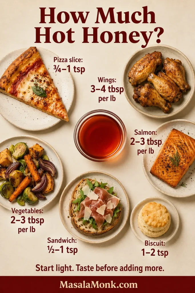 Overhead serving guide with pizza, wings, salmon, roasted vegetables, a sandwich and a biscuit arranged around hot honey with suggested portions.