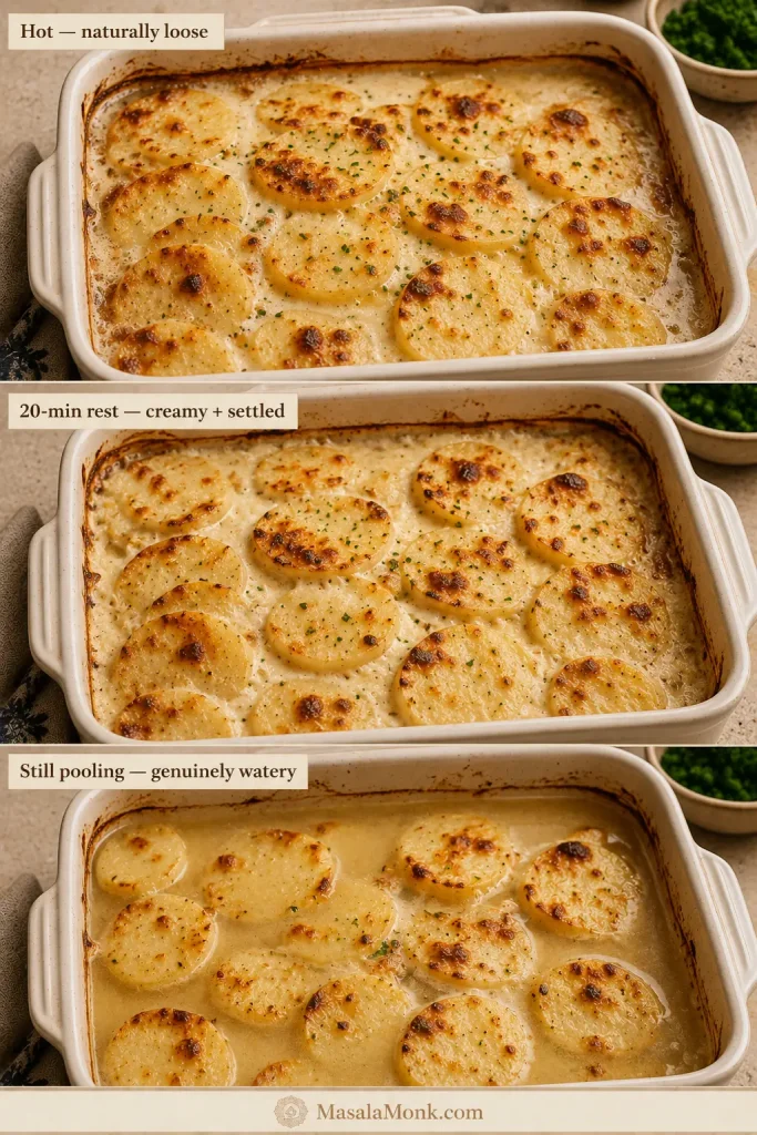 Scalloped potatoes shown hot and loose, creamy and settled after a 20-minute rest, and genuinely watery with thin liquid still pooling around the slices.