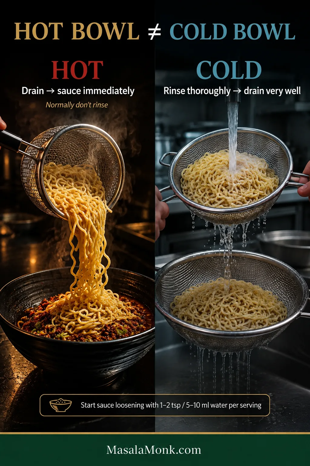 Split guide showing hot noodles drained directly into sauce and cold noodles rinsed under cool water before being thoroughly drained.