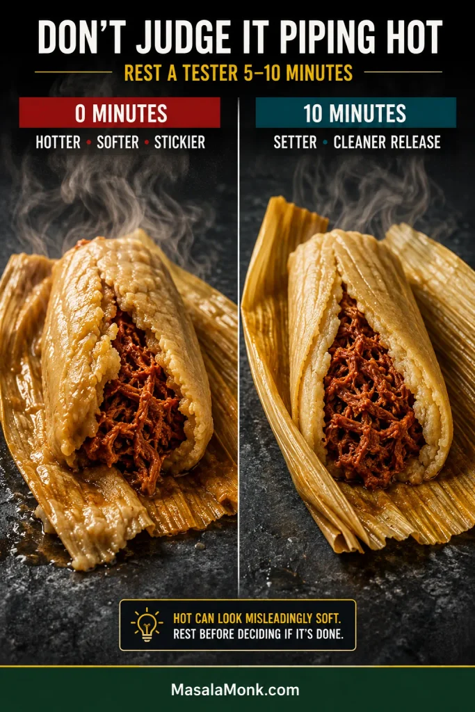 Side-by-side pork tamales immediately after steaming and after a 10-minute rest, with the hot tamale softer and stickier and the rested tamale firmer with cleaner husk release.