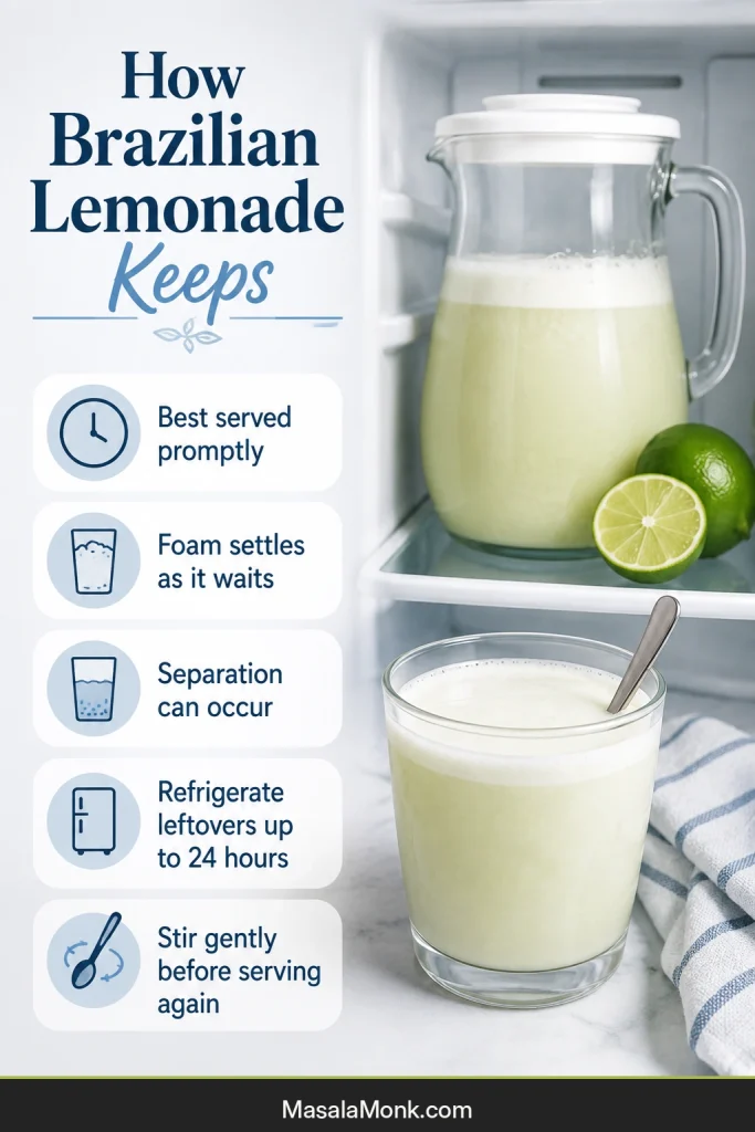 Storage guide showing foam settling, drink separation, a refrigerated covered pitcher and gentle stirring before serving.
