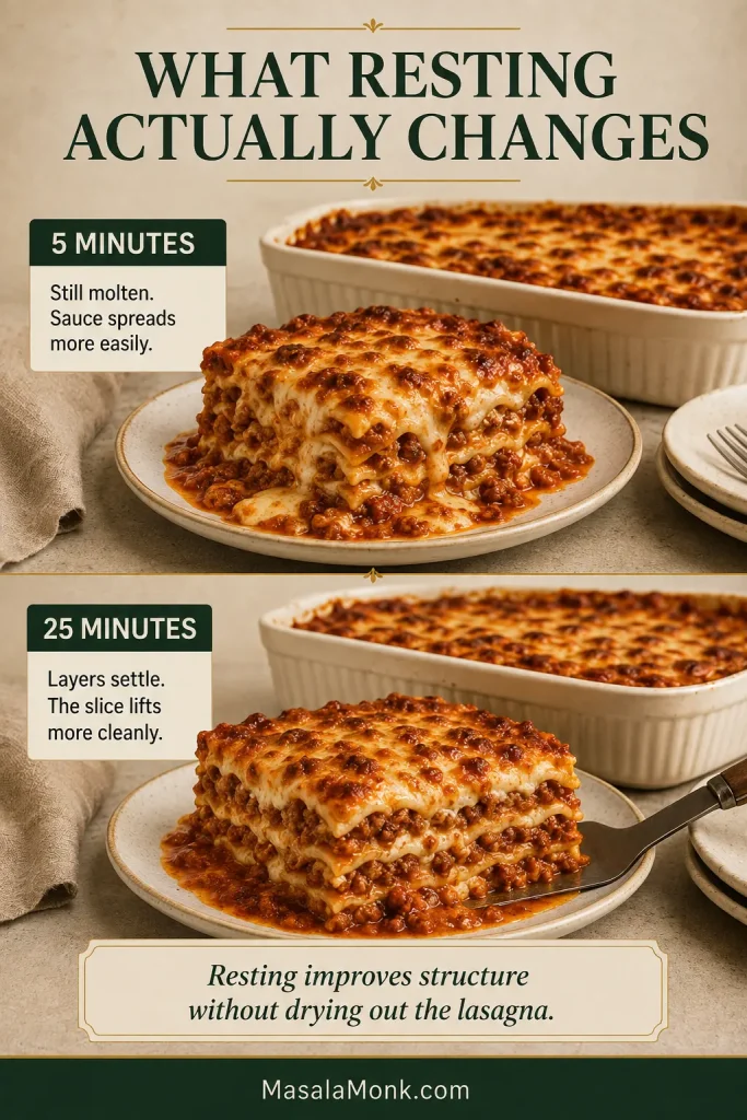 Two lasagna slices comparing five minutes and 25 minutes of resting, with the early slice looser and the later slice more settled but still juicy.
