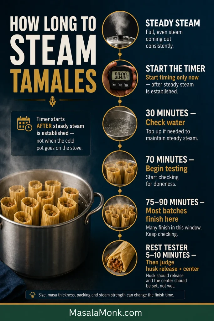 Tamale steaming timeline showing steady steam before starting the timer, a water check at 30 minutes, first test at 70 minutes, typical 75 to 90 minute finish window, and a 5 to 10 minute tester rest.