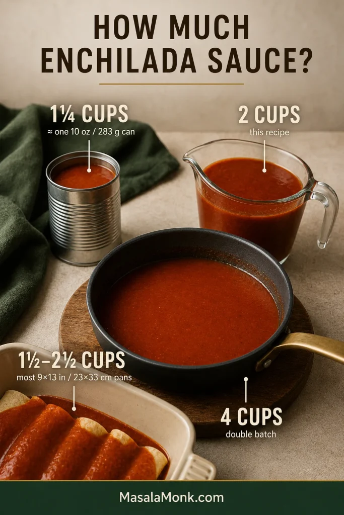 Enchilada sauce quantity guide showing 1¼ cups for a 10-ounce or 283-gram can, 2 cups for this recipe, 1½ to 2½ cups for a 9×13-inch pan, and 4 cups for a double batch.