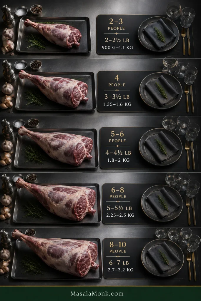 Portion guide pairing progressively larger bone-in lamb legs with serving ranges from 2–3 people through 8–10 people.