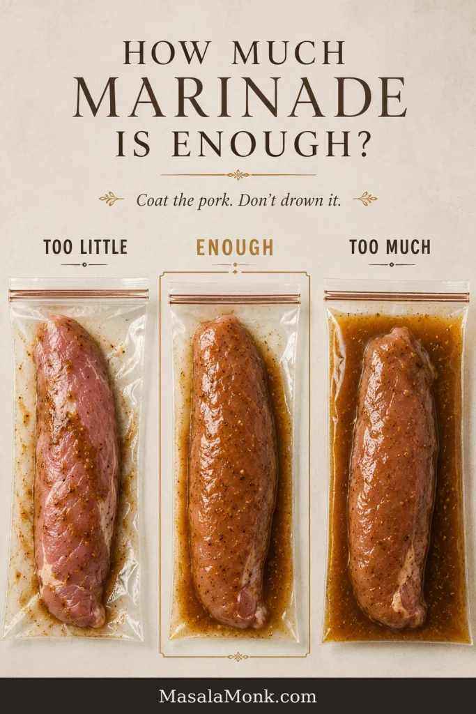 Three bags compare too little, enough and too much pork tenderloin marinade around raw tenderloin.