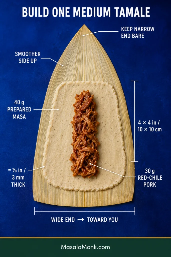 Overhead corn husk showing 40 grams of masa spread about 4 by 4 inches and 3 millimeters thick, with 30 grams of red chile pork centered on top and the narrow end left bare.