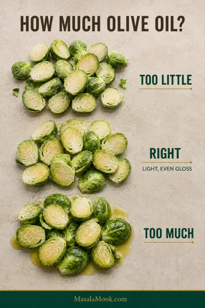Three groups of cut raw Brussels sprouts showing too little oil, a thin even coating and excessive oil pooling underneath.