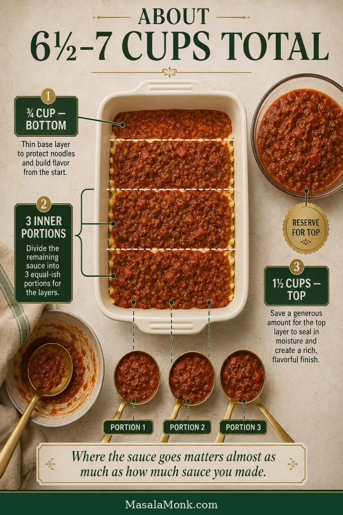 An overhead sauce-allocation guide for a deep 9-by-13-inch lasagna showing sauce divided between the bottom, inner layers and top.
