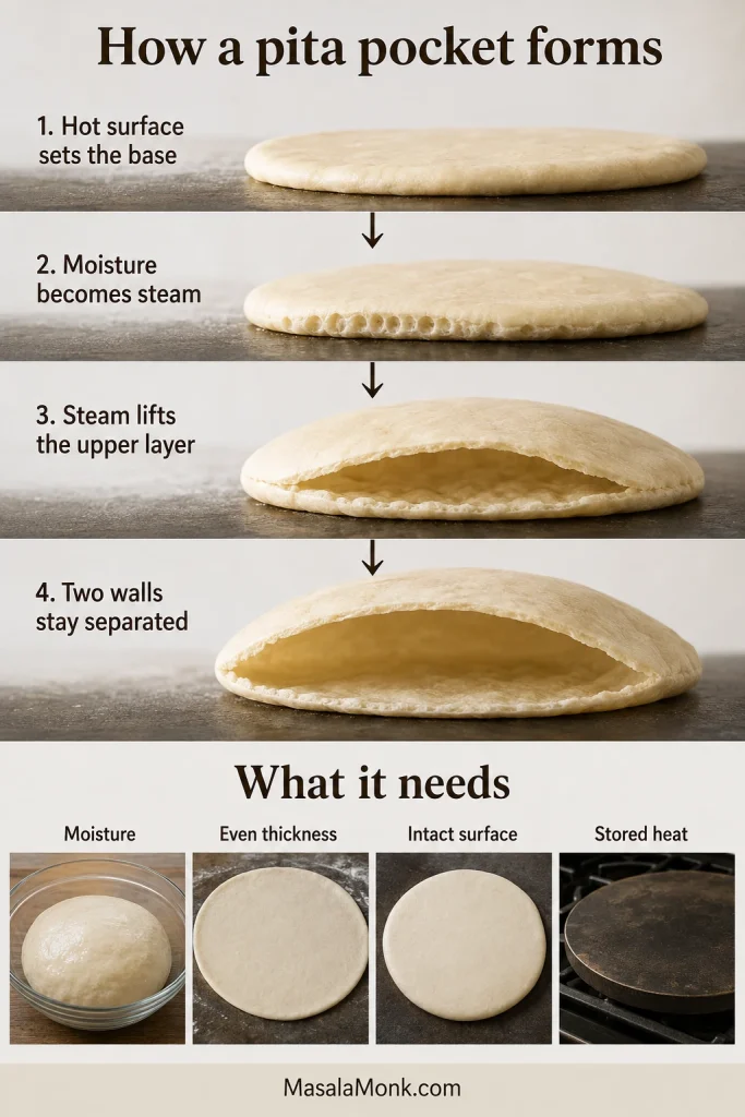 Infographic showing heat setting the pita base, steam lifting the upper layer and two thin walls remaining separated.