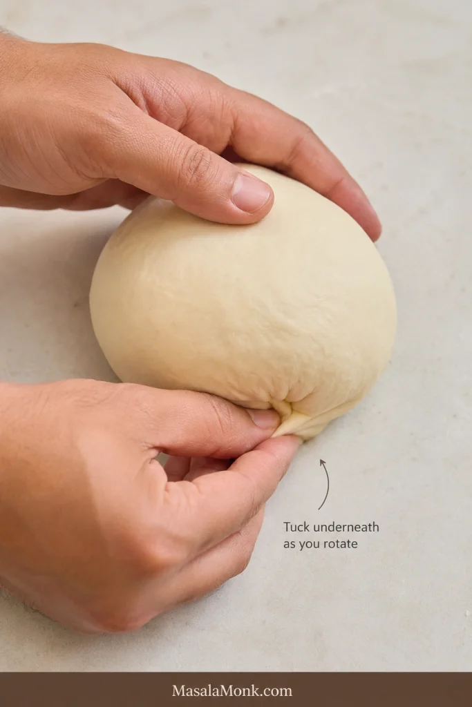 Hands rotating New York-style pizza dough and tucking its edges underneath to create a smooth top and gathered seam.