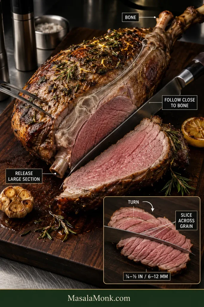 Bone-in lamb leg with its bone path marked, a knife releasing a large meat section and an inset showing slicing across the grain.
