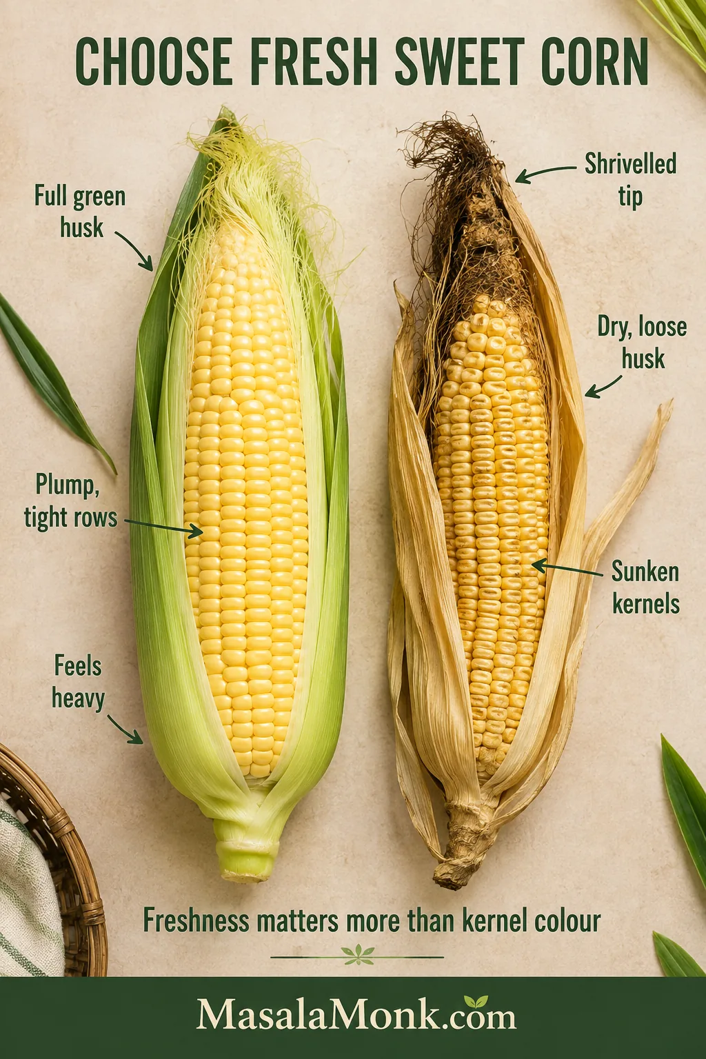 Fresh corn with a tight green husk and plump kernels beside an older ear with dry silk, loose husk and sunken rows.