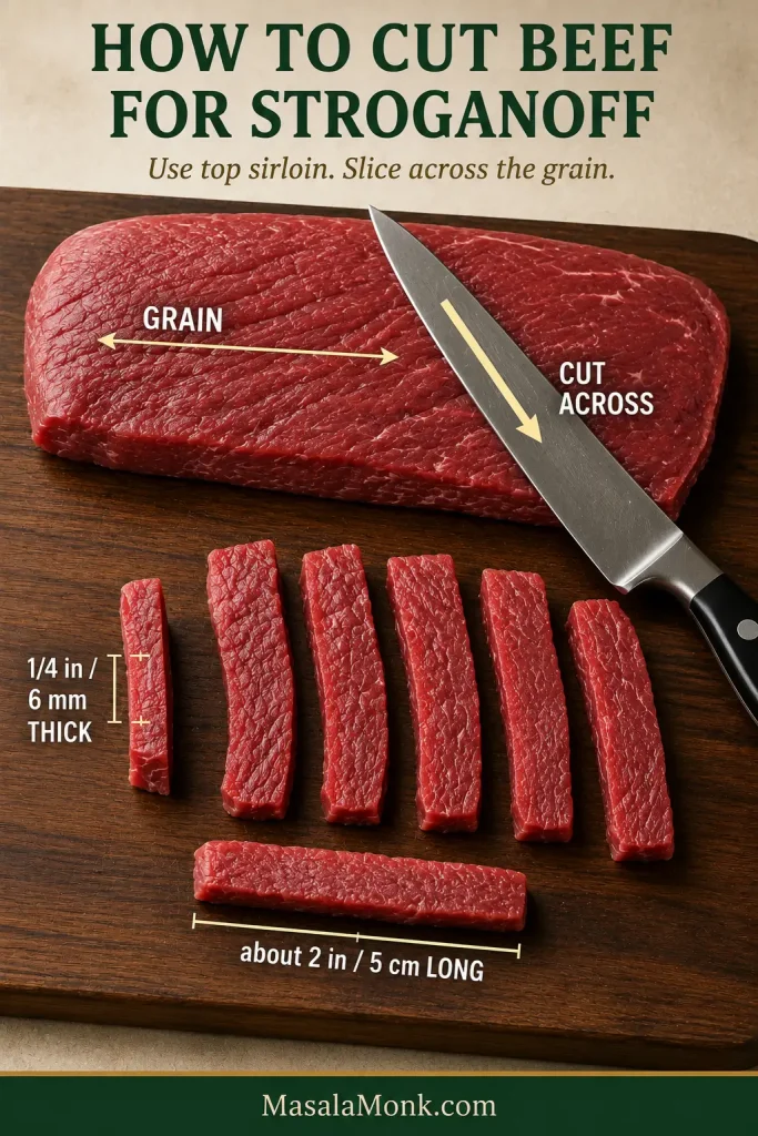 Top sirloin with muscle grain marked, a knife cutting across the grain, and Stroganoff strips shown about 6 millimeters thick and 5 centimeters long.