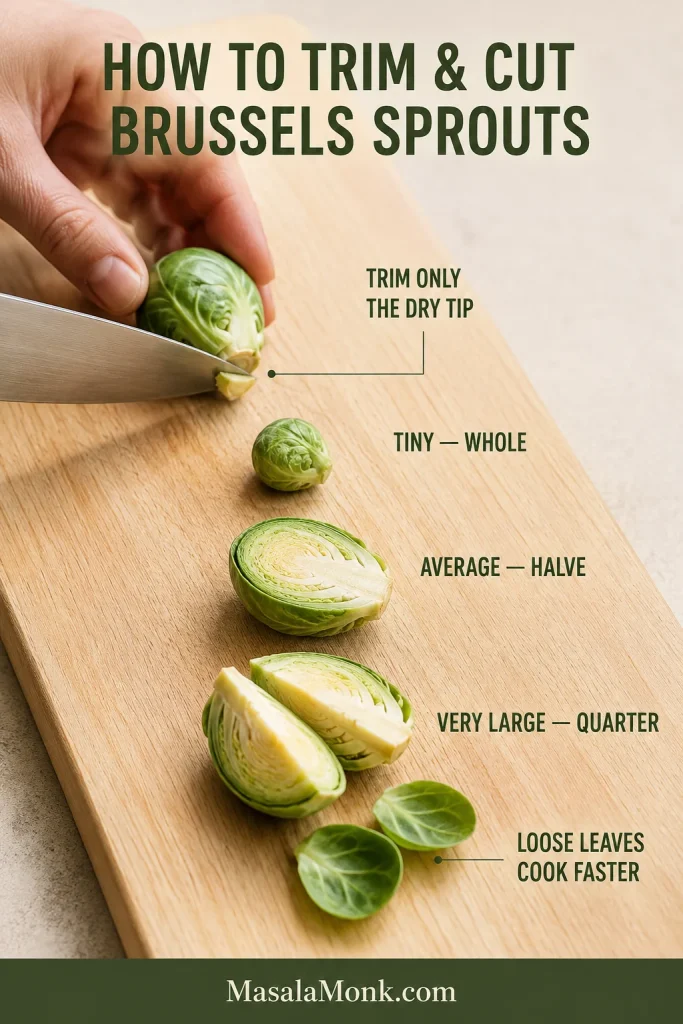 Cutting board showing a dry stem tip being trimmed, a small whole Brussels sprout, a medium sprout halved through the stem, a large sprout quartered and several loose leaves.