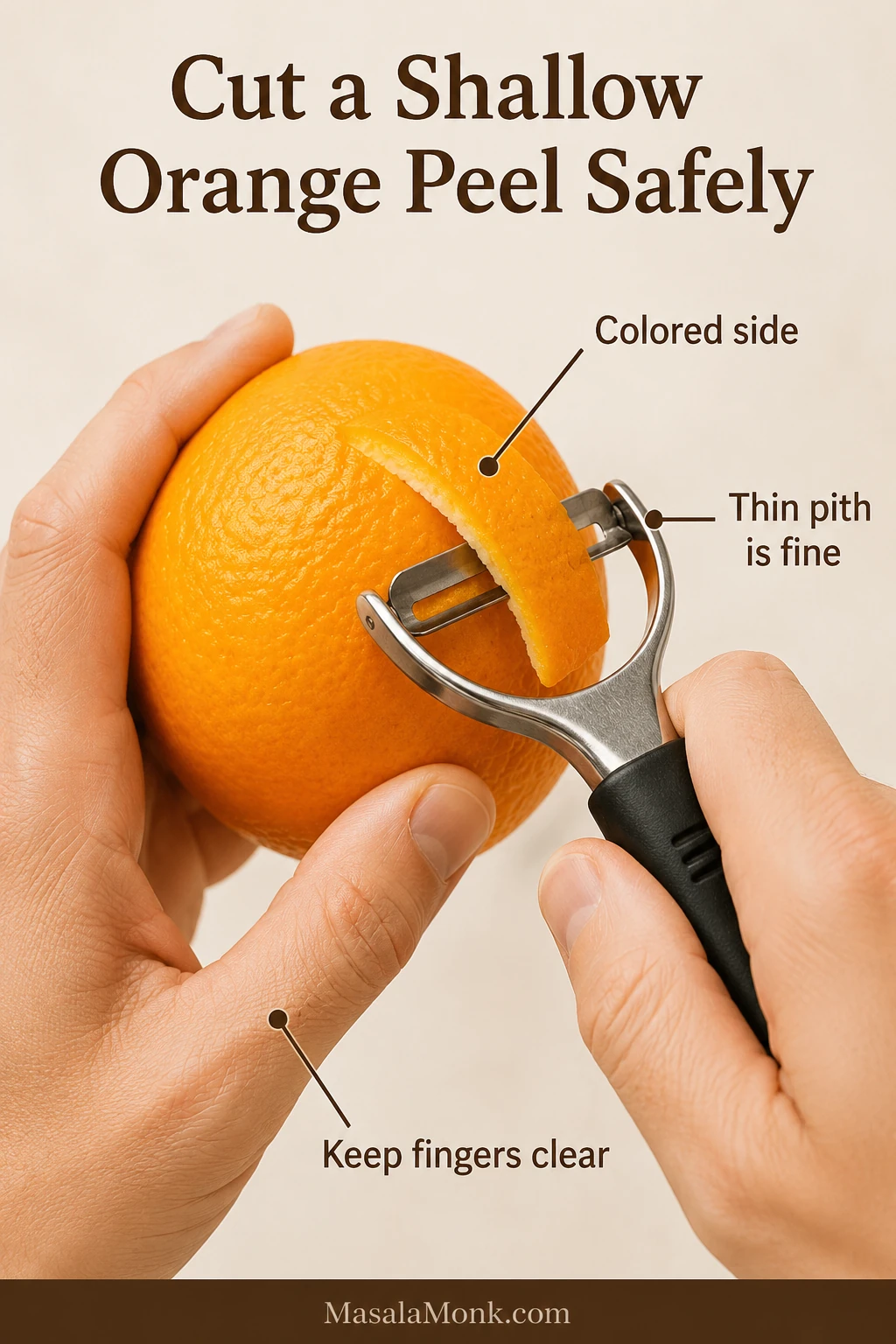 Hands using a Y-peeler to remove a shallow strip of orange peel while keeping the supporting fingers away from the blade.