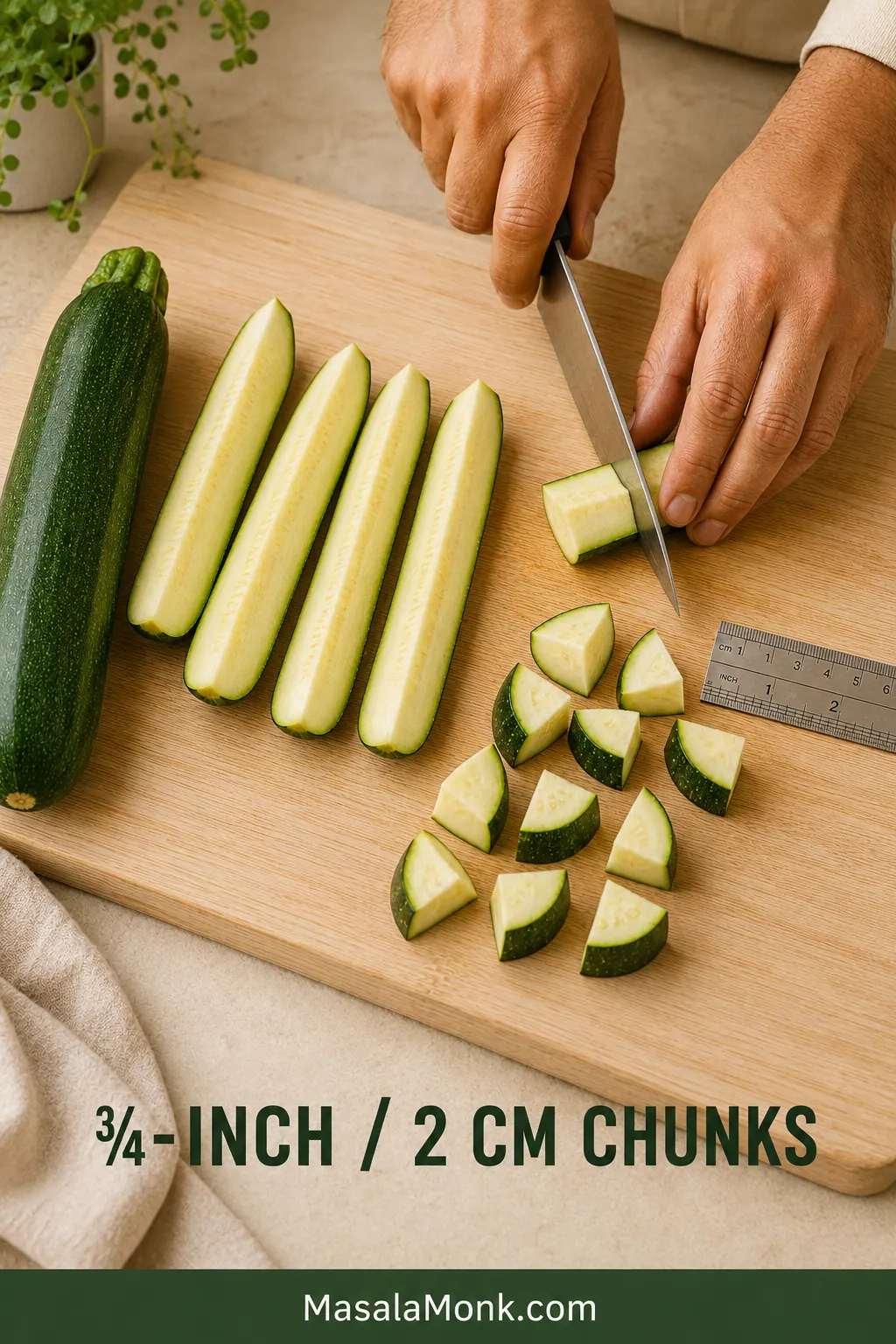 Hands cutting a lengthwise zucchini quarter into ¾-inch chunks on a wooden board, with whole zucchini, cut quarters and a ruler nearby.