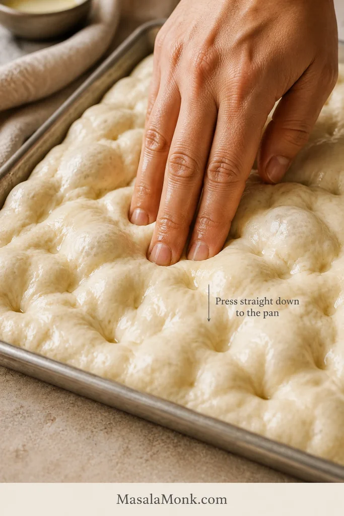 Fingertips pressing vertically into soft, bubbly focaccia dough to make deep dimples in the pan.
