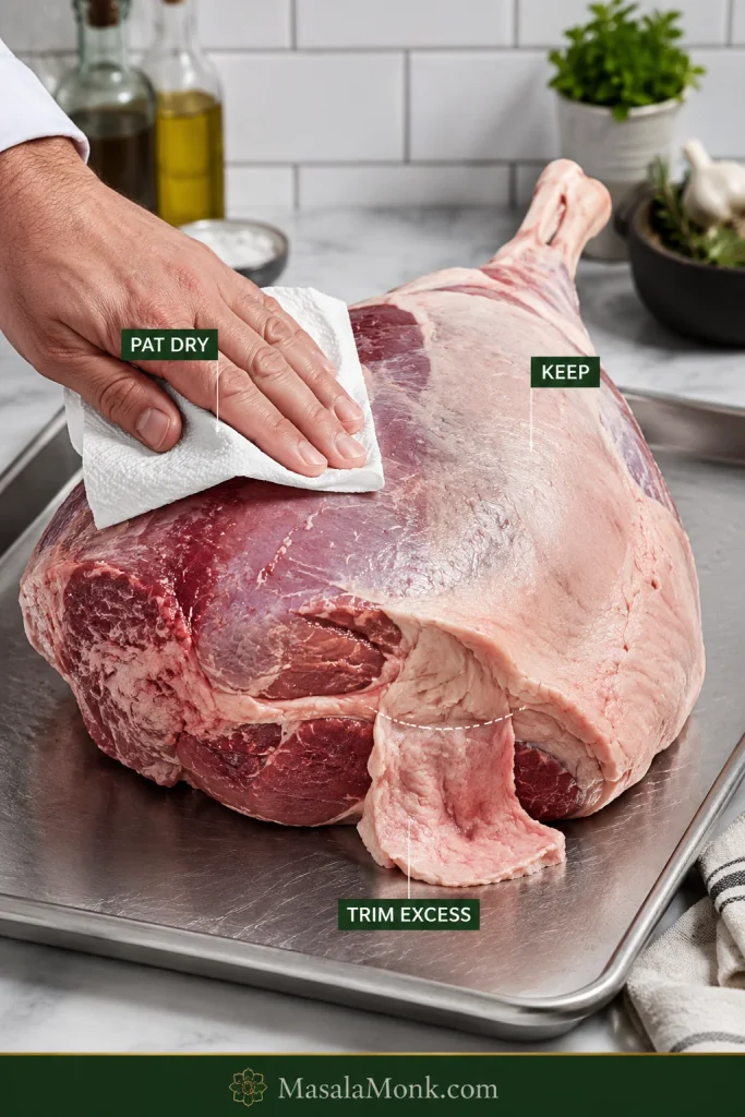 Raw leg of lamb showing a dry surface, exterior fat to keep and a thick excess-fat section to trim.