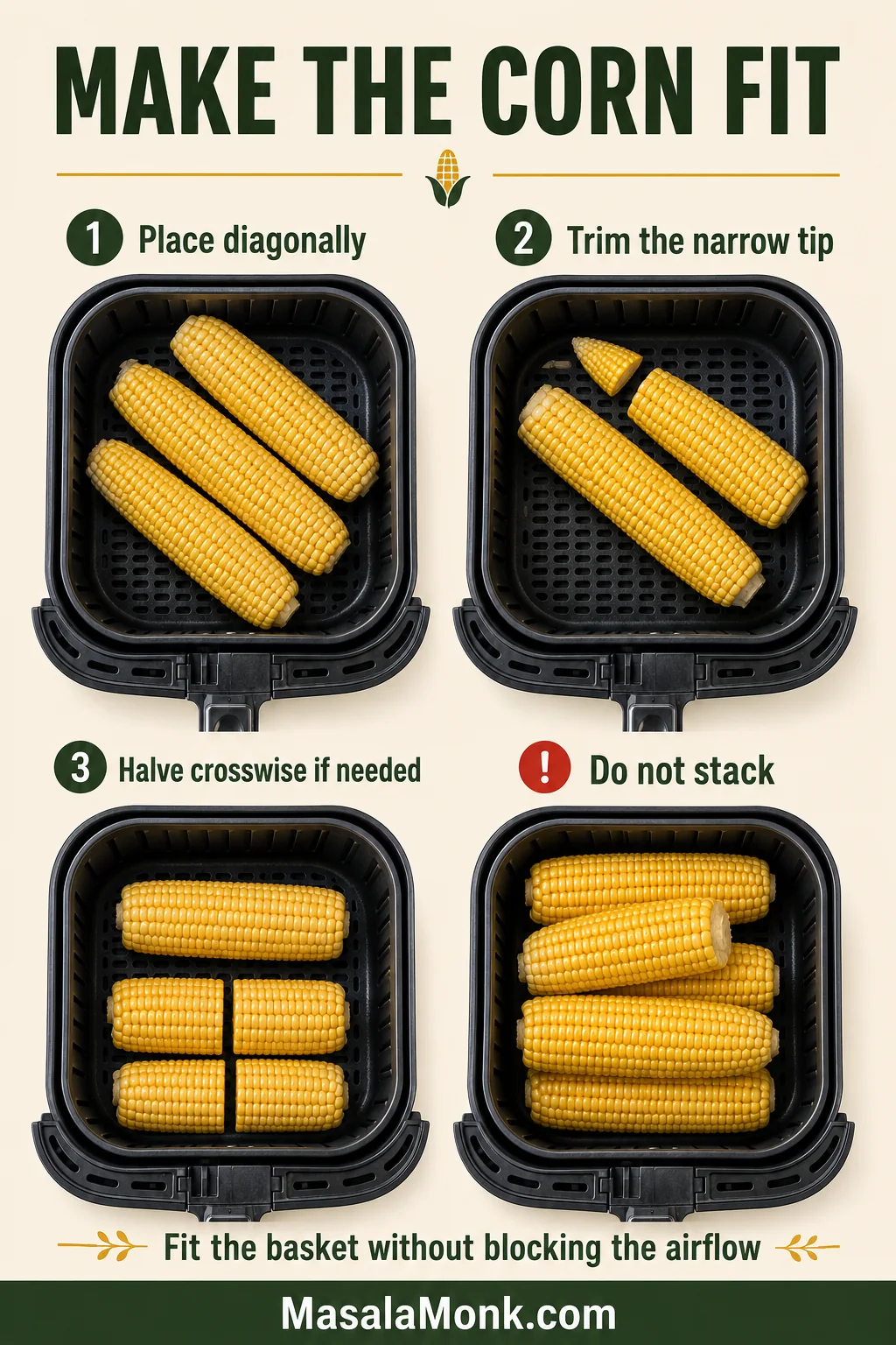 Corn placed diagonally, trimmed at the narrow tip and halved crosswise to fit an air-fryer basket, with stacking marked incorrect.