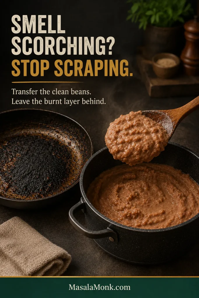Clean refried beans are transferred into a fresh pan while a dark scorched layer remains untouched in the original pan.