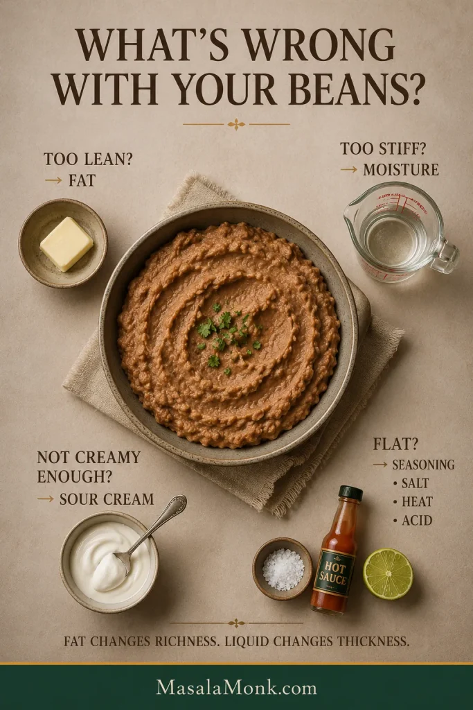 Refried bean diagnostic guide connecting lean beans with fat, stiff beans with moisture, low creaminess with sour cream, and flat flavor with seasoning or acid.