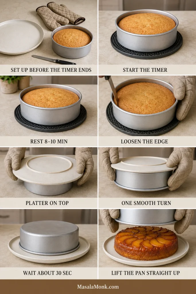 Step-by-step peach upside down cake flipping guide showing setup with platter and oven mitts, an 8–10 minute rest, loosening the edge, placing the platter over the pan, turning them together, waiting about 30 seconds and lifting the pan.