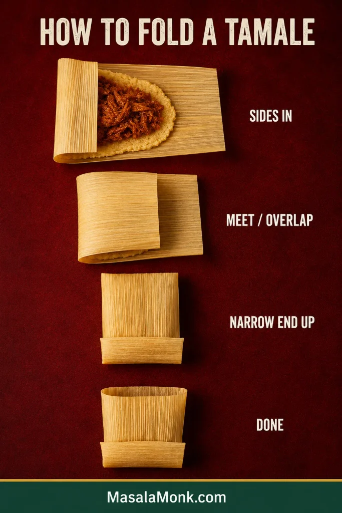 Four-stage corn-husk tamale folding sequence showing the long sides folding around the filling, the narrow end folding upward, and the finished wrapper with its wide end open.