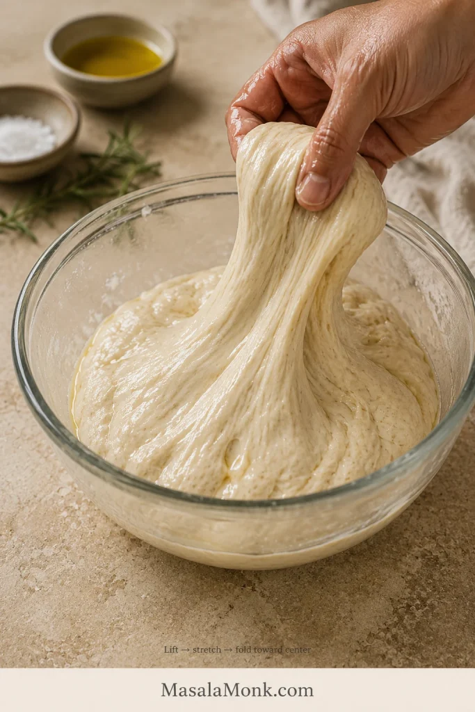 A hand lifting and stretching sticky focaccia dough in a glass bowl before folding it toward the center.