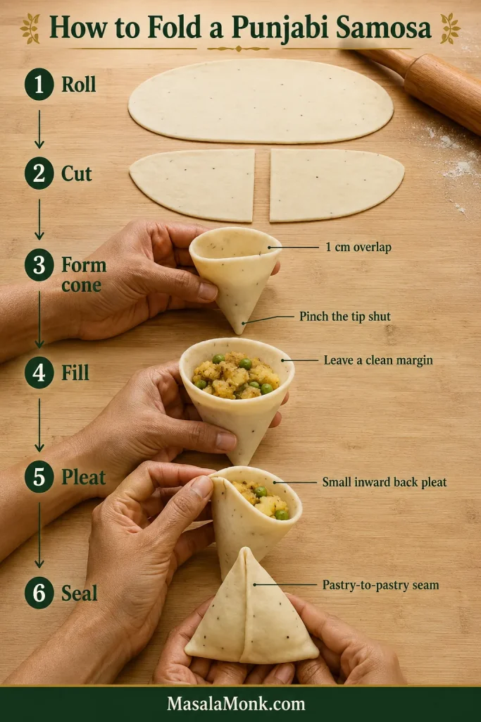 Six-step Punjabi samosa folding guide showing rolling, cutting, cone formation, filling, the small back pleat and final sealing.