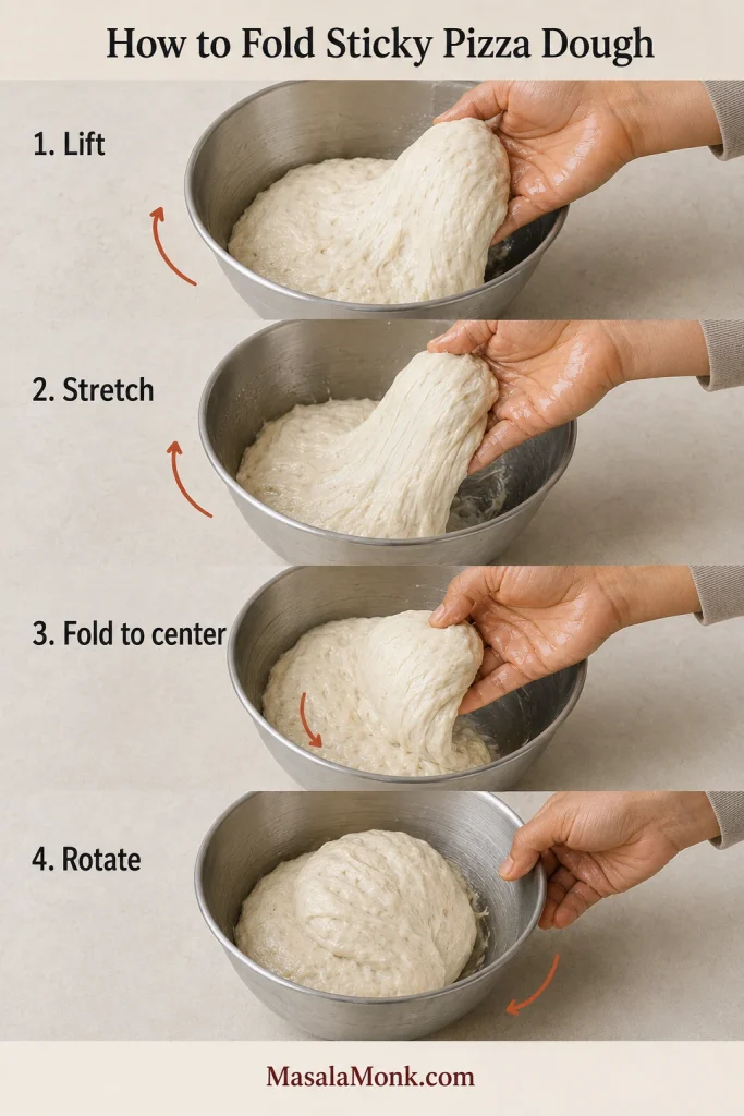 Four-step sequence showing sticky dough lifted, gently stretched, folded toward the center, and rotated inside a stainless bowl.