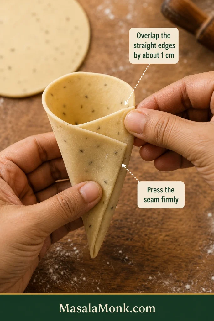 Hands forming a samosa cone by overlapping the straight edges of a semicircle of rolled dough.