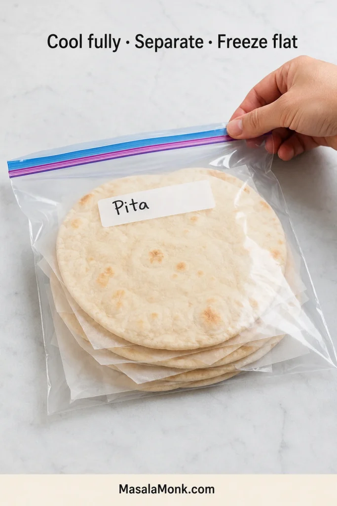 Cooled pita stacked with parchment between each bread inside a flat transparent freezer bag labeled Pita.