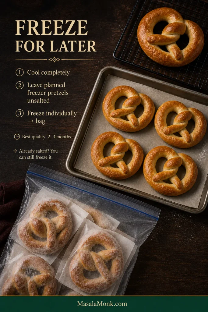 Unsalted baked soft pretzels shown cooling, freezing separately on a tray and then stored together in a freezer-safe bag.