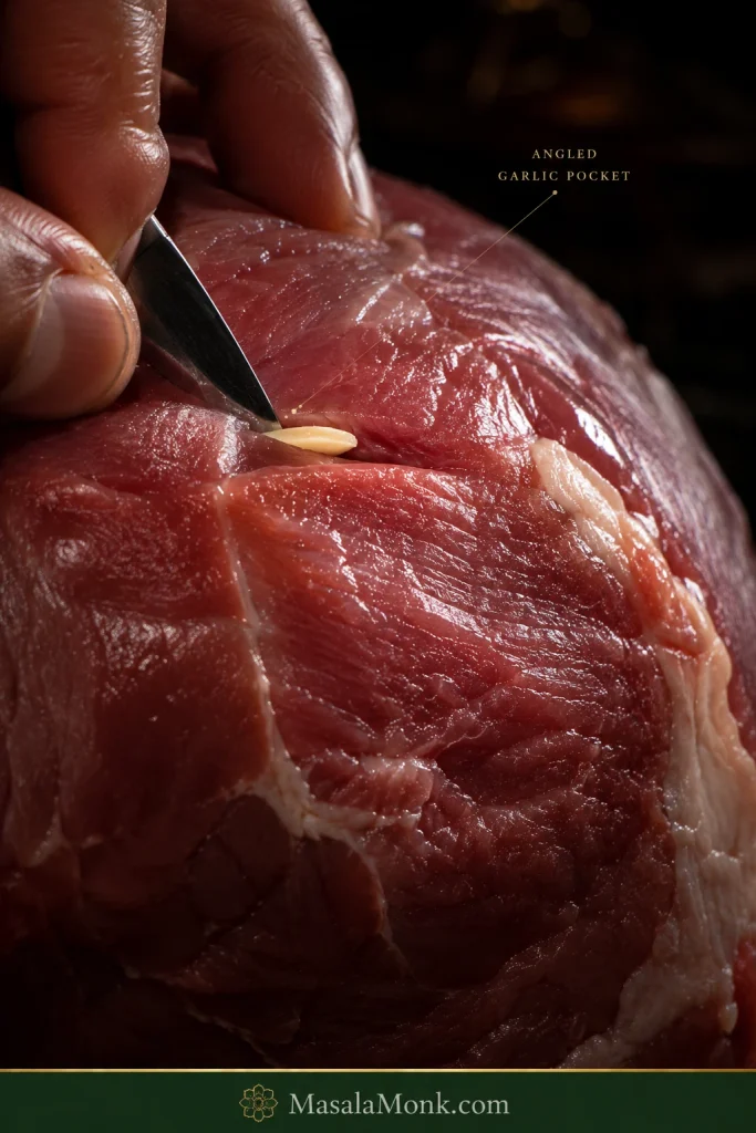 Close-up of a knife making a small angled pocket in raw lamb while a thin garlic sliver is tucked beneath the surface.